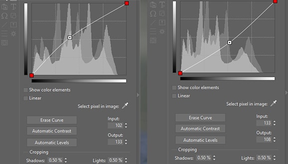 Curves settings. To brighten a picture, drag a handle upwards. To darken it, drag it downwards.
