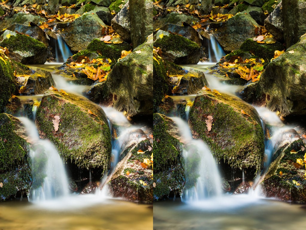 The original photo, on the left, was selectively darkened to make the water stand out. Canon 5D Mark III, Canon EF 70-200/2.8 II, 30 s, f/20, ISO 100, focal length 88 mm