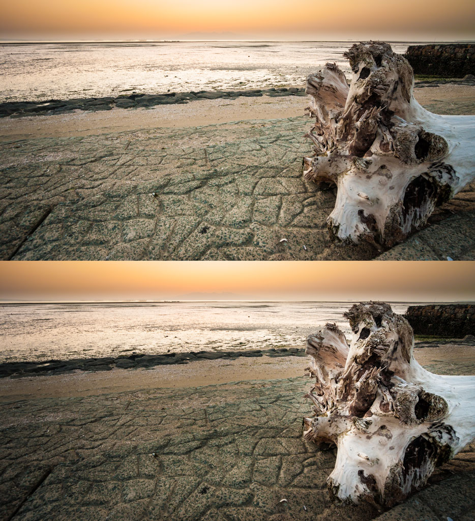 Compared to the original (left), the sand has been darkened and the tree’s bright trunk has been brightened (right). Canon 40D, Canon EF-S 10-22/3.5-4.5, 1/13 s, f/5.6, ISO 200, focal length 10 mm