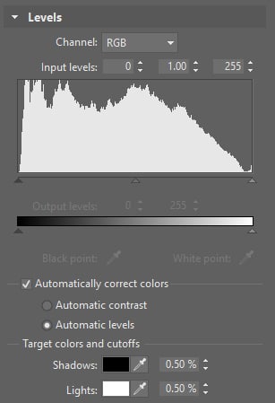 ZPS can automatically adjust either a photo’s contrast, or its histogram levels directly.