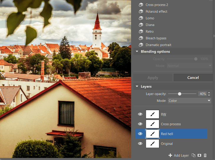 Changing the Mode (the blending mode) and Opacity.