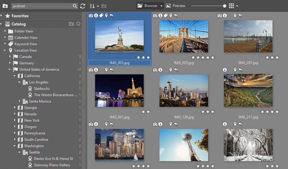 If your pictures are cataloged and GPS-tagged, then you can browse them via a tree of individual locations.