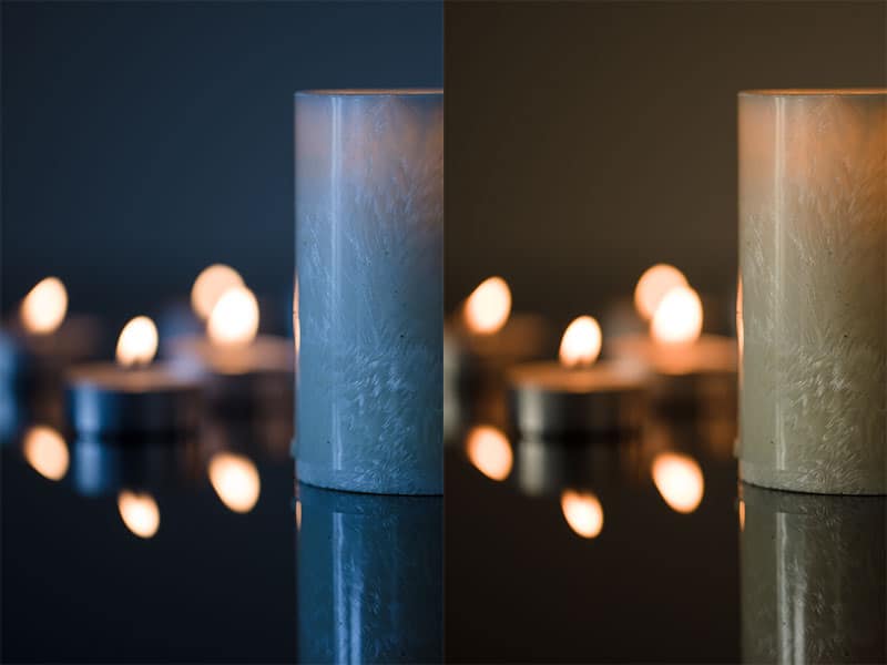Originally the white balance was 3100 K, but that left the light from the window too blue. A shift to 5400 K made it merge with the surrounding candle light.