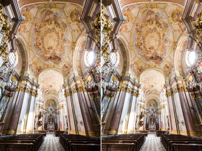 Left: an architecture photo with strong vignetting. Right: the same photo after retouching.
