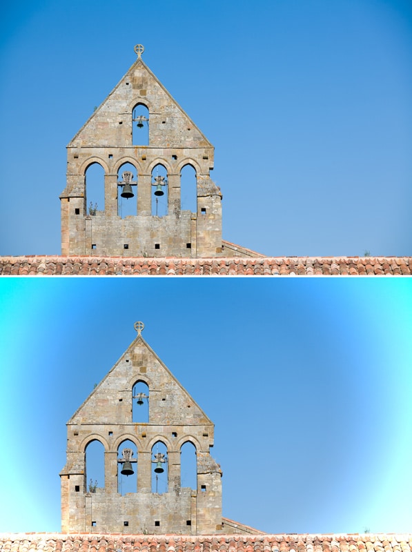 The original photo with a little vignetting (top) and bad antivignetting (bottom).