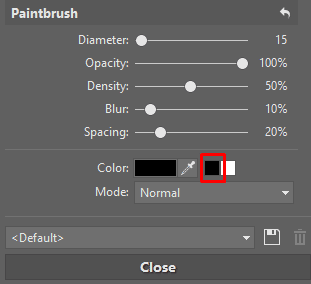 During mask editing, two extra buttons are shown by the color-picker button. Use these to directly set the brush to white or black.