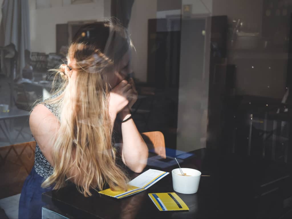 This picture originally contained a reflection of a part of another person’s head. I retouched it away to keep it from disrupting the overall impression from the subject—the girl looking into the café. Nikon D3300, AF-S NIKKOR 18-55 mm 1:3.5-5.6 G II, 1/320 s, f/4.2, ISO 100, focal length 28 mm