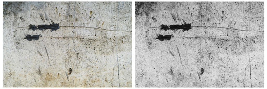In color this picture of a crack-riddled wall feels like an abstract painting or drawing. Black and white gives us more room to feel the individual cracks and the roughness and wrinkliness of the surface. Sony A7, FE 50 mm f/1.8, 1/4000 s, f/3.5, ISO 100, focal length 50 mm