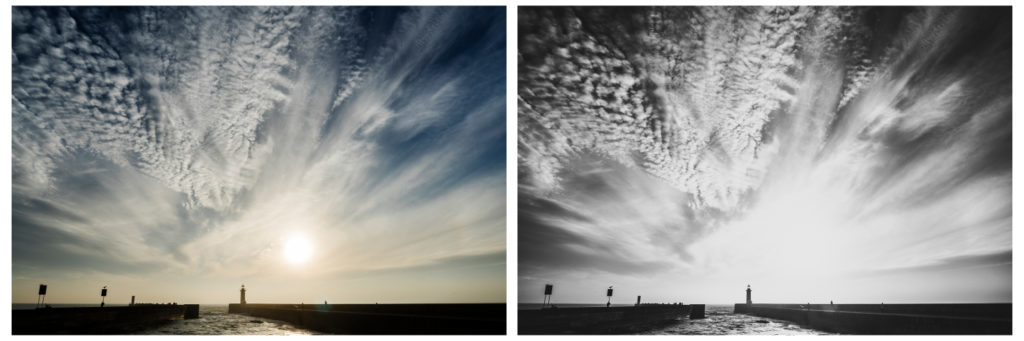 A carnival of clouds was running across the evening sky alongside the sunset. In the color version, what stands out the most is the blue and yellow-orange color combo. In black and white, meanwhile, the structuring of the sky by clouds plays a more important role; thanks to the strong contrast, it looks more dramatic than in the color version. Sony A7, FE 28 mm f/2, 1/100 s, f/22, ISO 100, focal length 28 mm