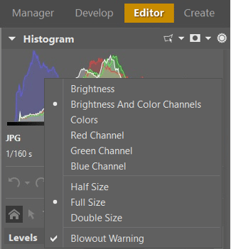 Right-click a histogram in ZPS to see a menu with histogram display options.