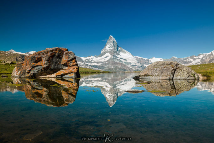 The Matterhorn reflected in a mountain lake.