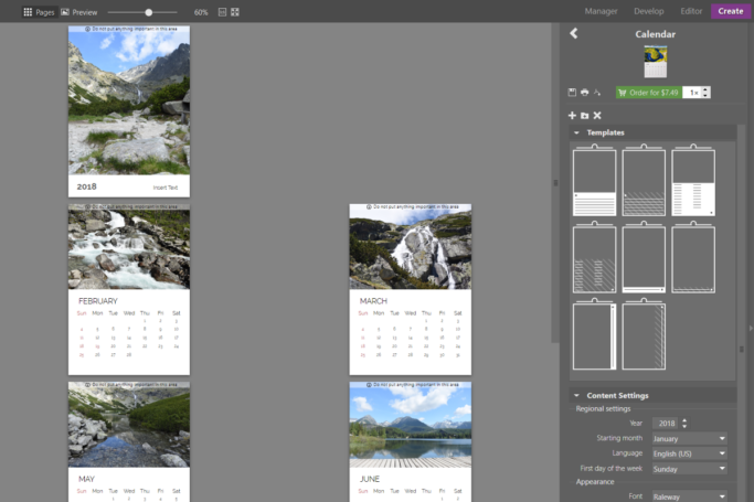 To replace a calendar’s photos, just drag different photos up from the Filmstrip into a calendar page.