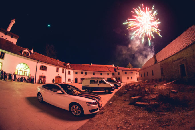 Learn the Right Way to Photograph Fireworks: A courtyard and fireworks-watchers.