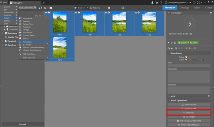 How to create a panorama: Now click on Menu > Create > Panorama or use the Panorama button in the side panel on the right.