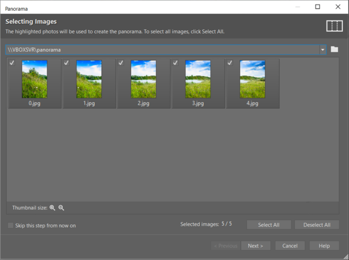 How to create a panorama: the Panorama window.