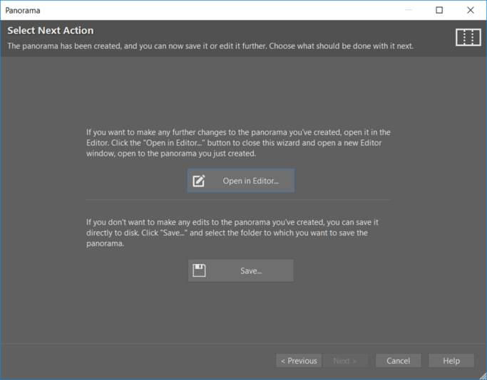 How to create a panorama: save your panorama or open it in the Editor.