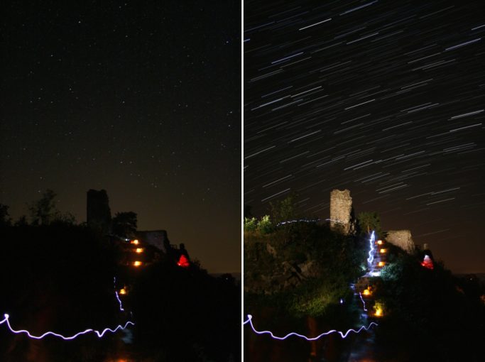 How to photograph star trails: stars and lights at the Zubštejn ruins.