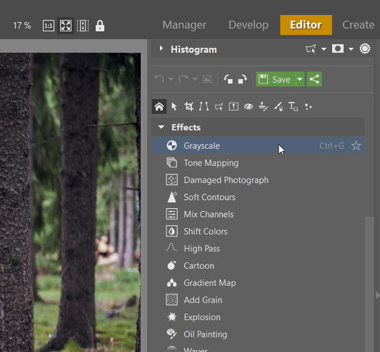 How to create black and white photos: Grayscale in the Editor module in Zoner Studio.