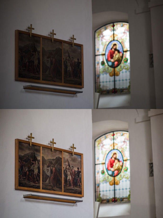 How to Photograph in Churches: original and brightened picture.