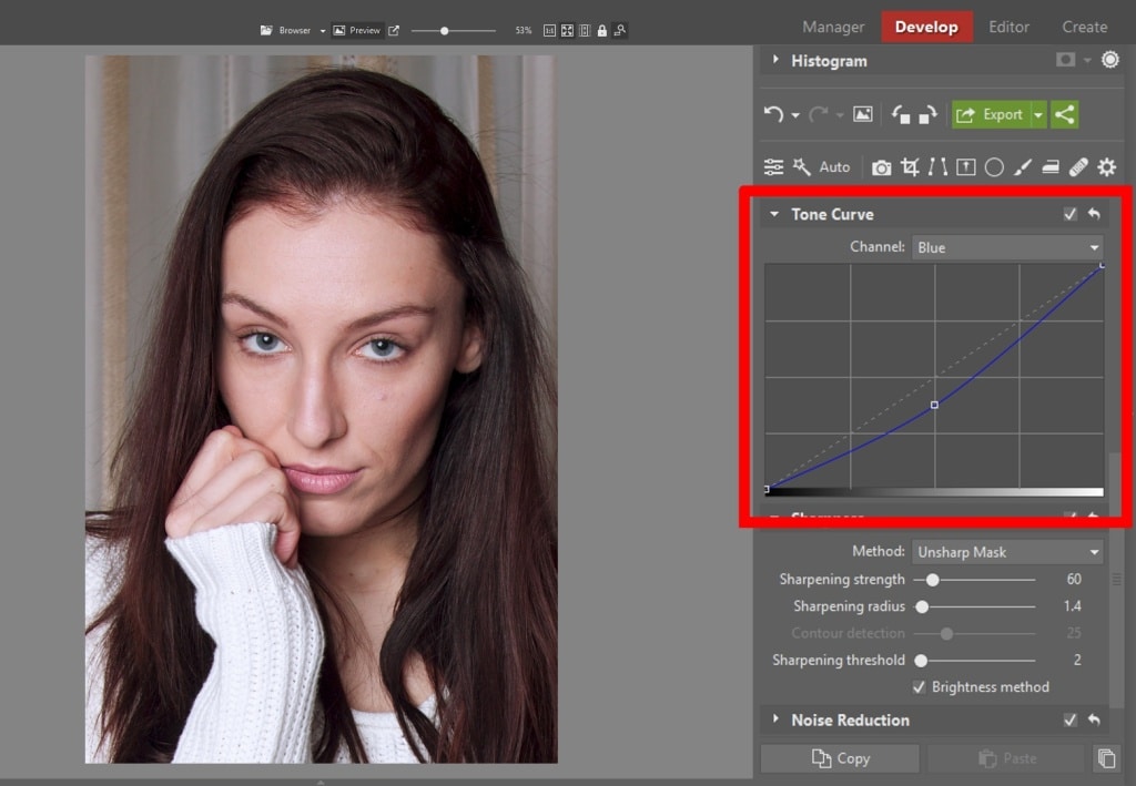 Learn to Edit Portraits and Discover the 5 Most Common Portrait Photo Problems- blue curve