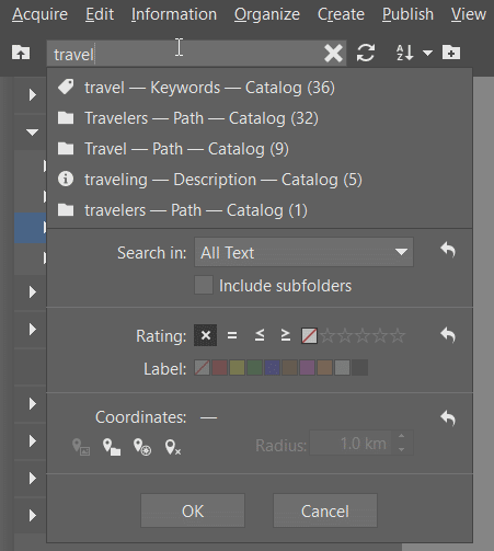 Sort your pictures easily with keywords: Quick Search box.