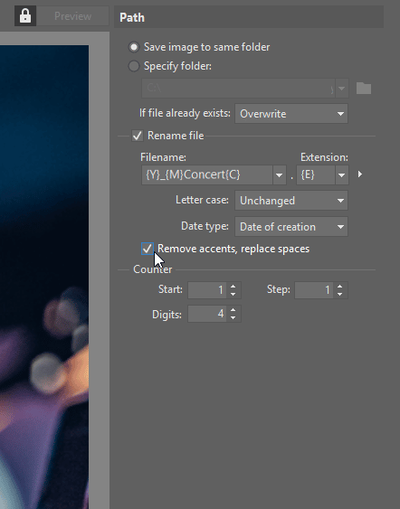 Batch renaming photos: Remove accents, replace spaces option.