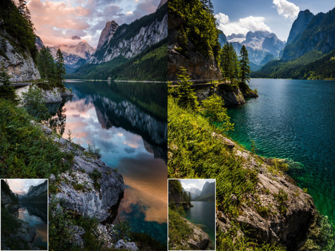 Photographing landscapes in rain and shine: an evening photo and a noon photo of the same place.