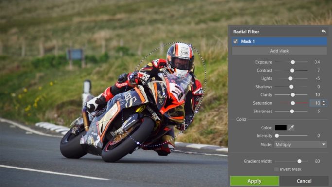 How to edit motorcycle racing photos: using of the Radial Filter.