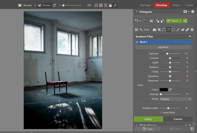How to edit Urbex photos: Gradient Filter.