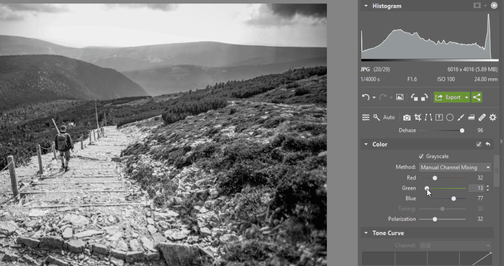 Black and White Landscapes: Check - manual channel mixing