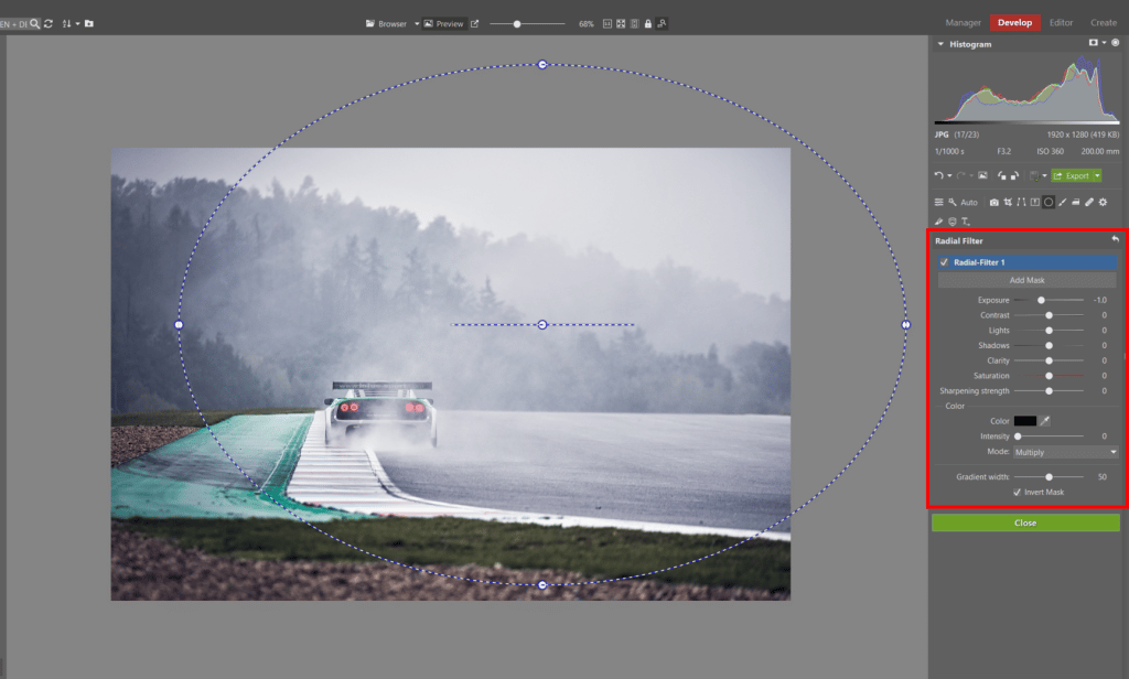 How to Edit Car Racing Photos - radial filter