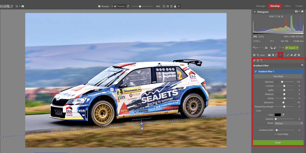 How to Edit Car Racing Photos - gradient filter in Zoner Studio