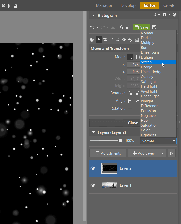 How to Add Snow to Your Photos: It’s Easy With Layers - setting texture to screen mode