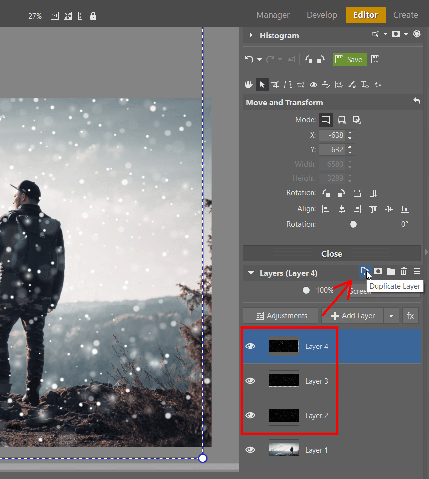 How to Add Snow to Your Photos: It’s Easy With Layers - duplicating texture