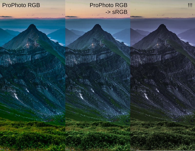 A simulation of roughly how it can look if you have a very saturated photo in ProPhoto RGB and you’re displaying it on an sRGB device. I’d like to emphasize that this is a simulation of the ratio of colors; the whole picture is in reality in sRGB so that you can view it on an ordinary monitor.