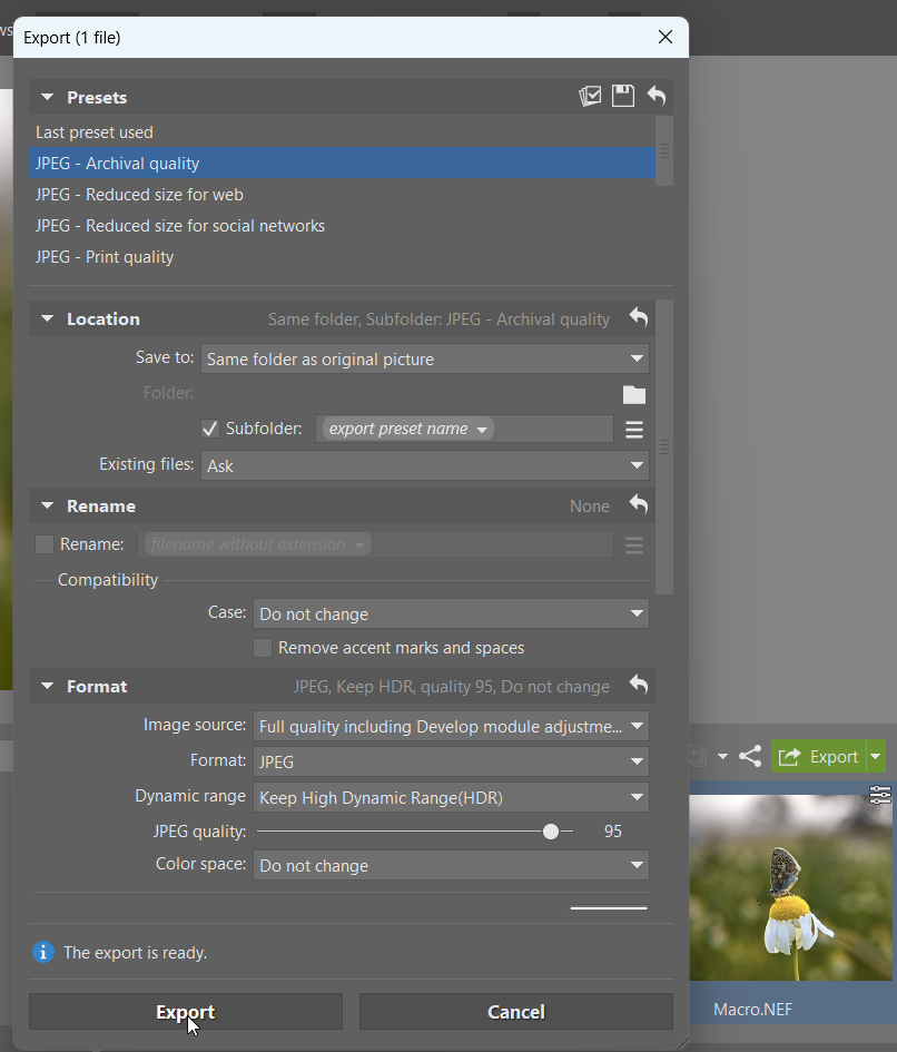 How to Edit RAW Files: Export JPEG image