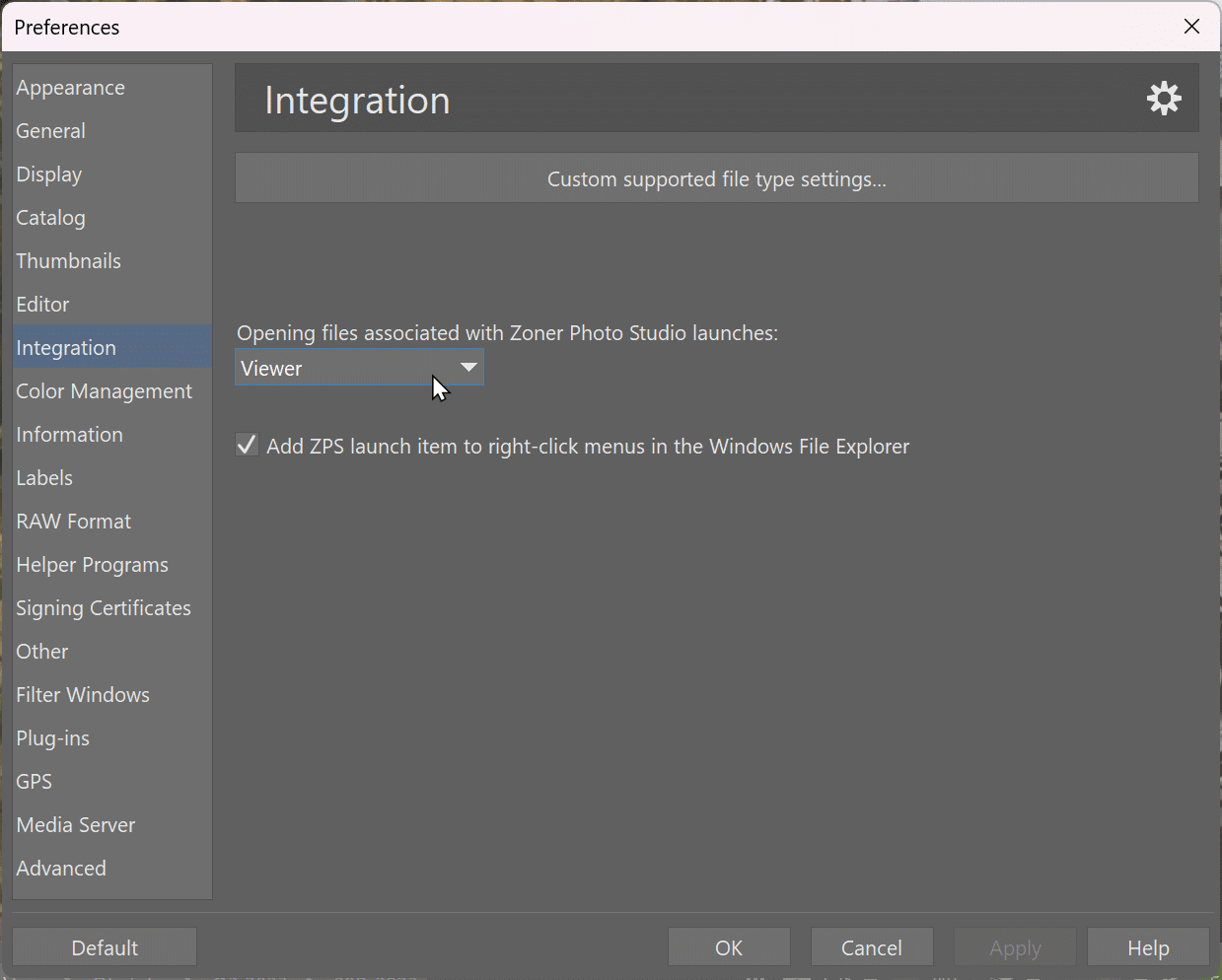 Customize Zoner Studio, preferences integration