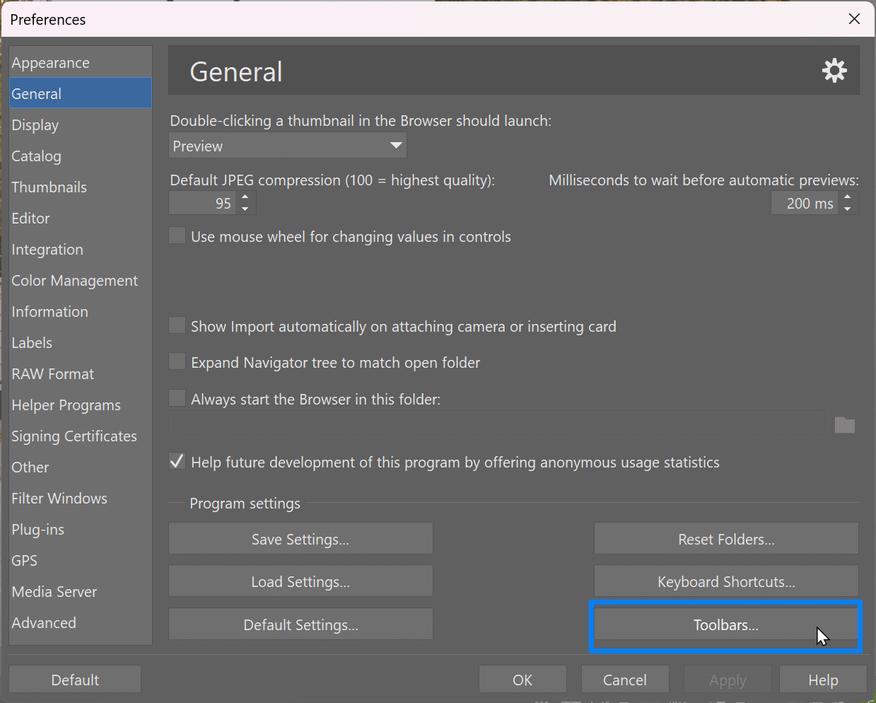 Customize Zoner Studio, preferences general toolbars