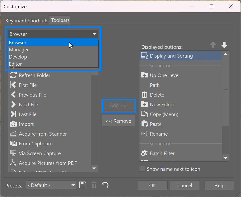 Customize Zoner Studio, customize browser
