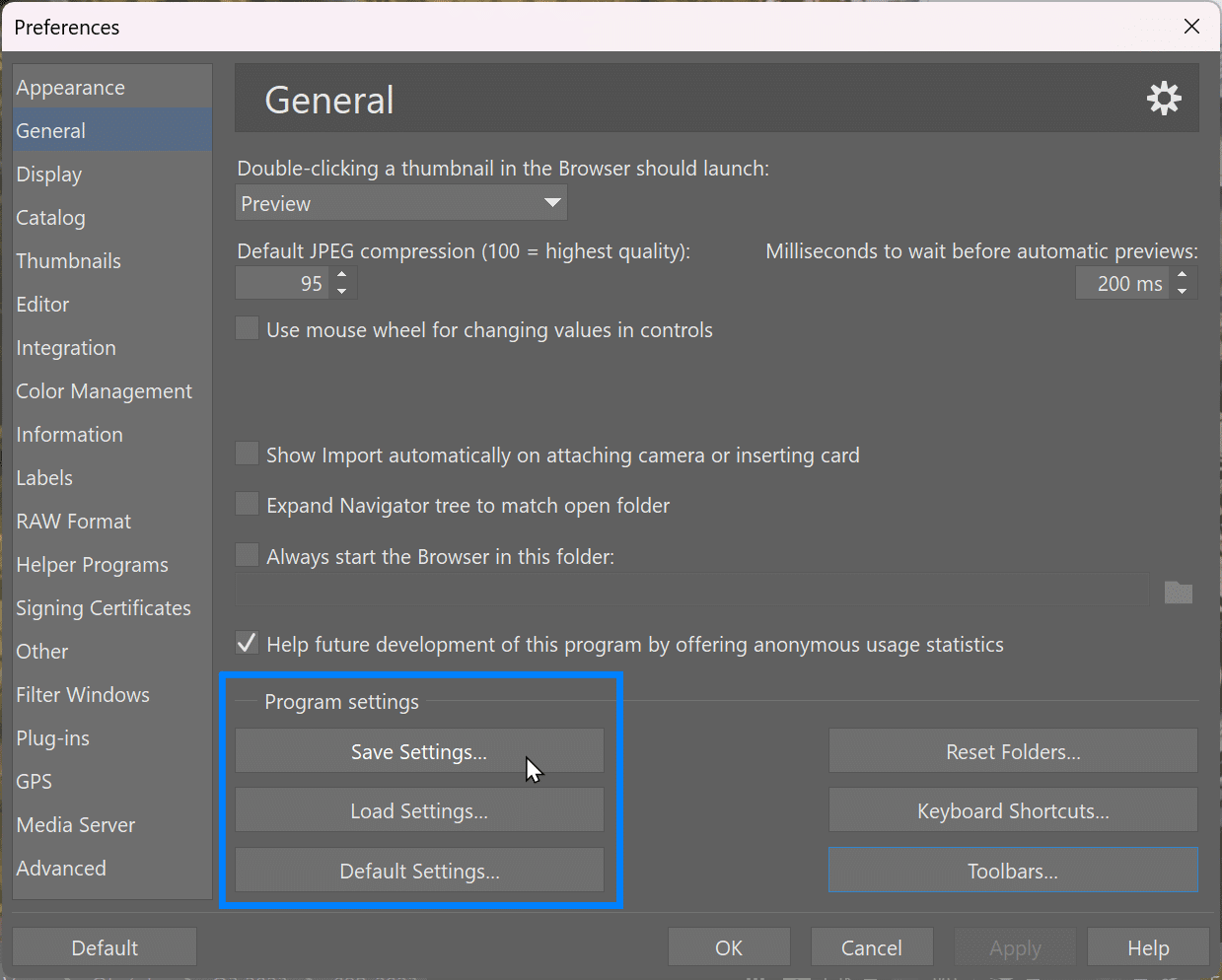 Customize Zoner Studio, general save settings