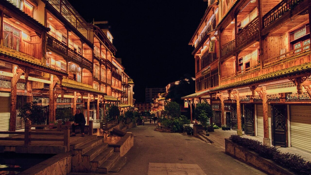 China Sacred Mountain in Eastern Tibet,  The town of Moxi by night
