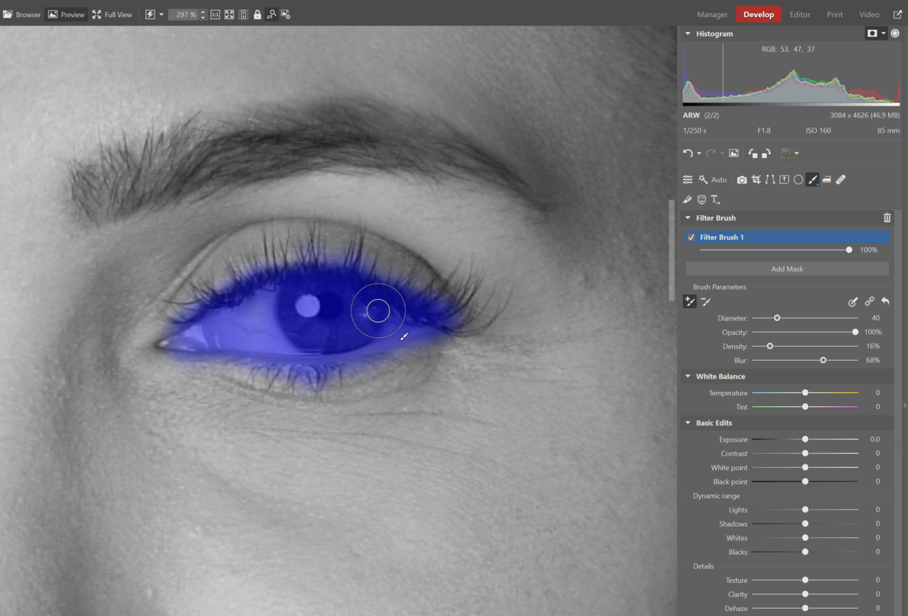 Edit Portraits, filter brush, select eyes