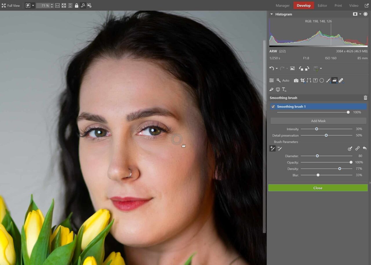 Edit Portraits, smoothing brush