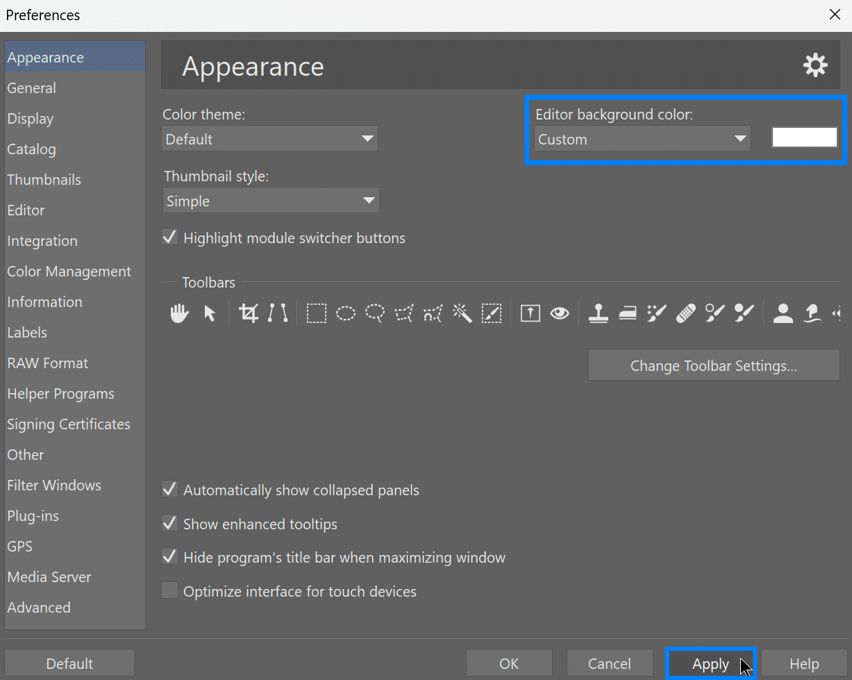 white background settings in Zoner Studio