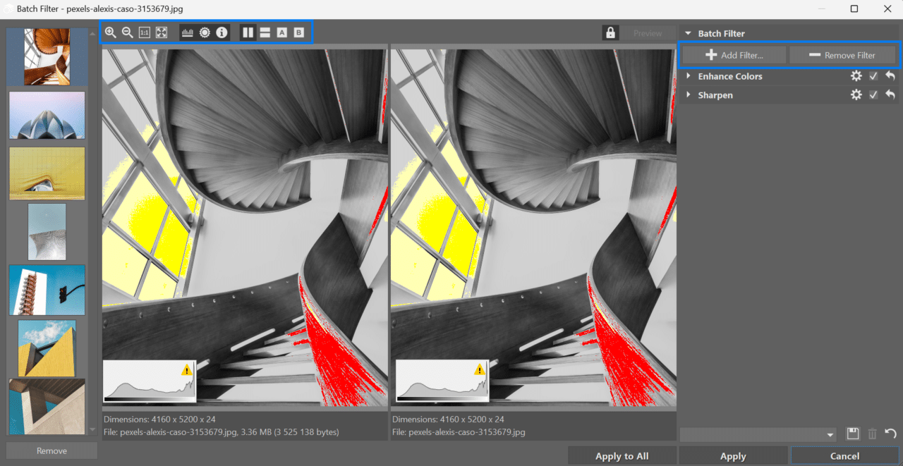 Batch Filter workspace. Display the Histogram, blowouts, or image information. 
