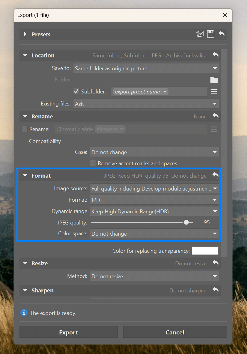 Printing and Sharing HDR Photos, export