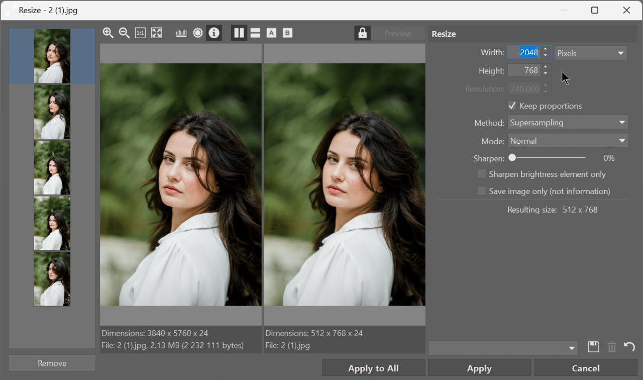 Resize Images, choose dimensions