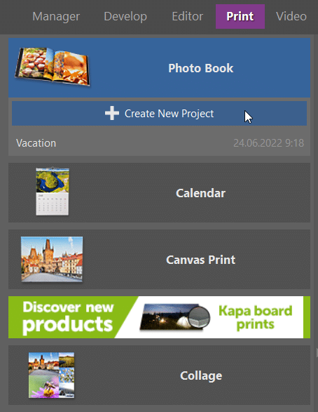 create photo book, new project