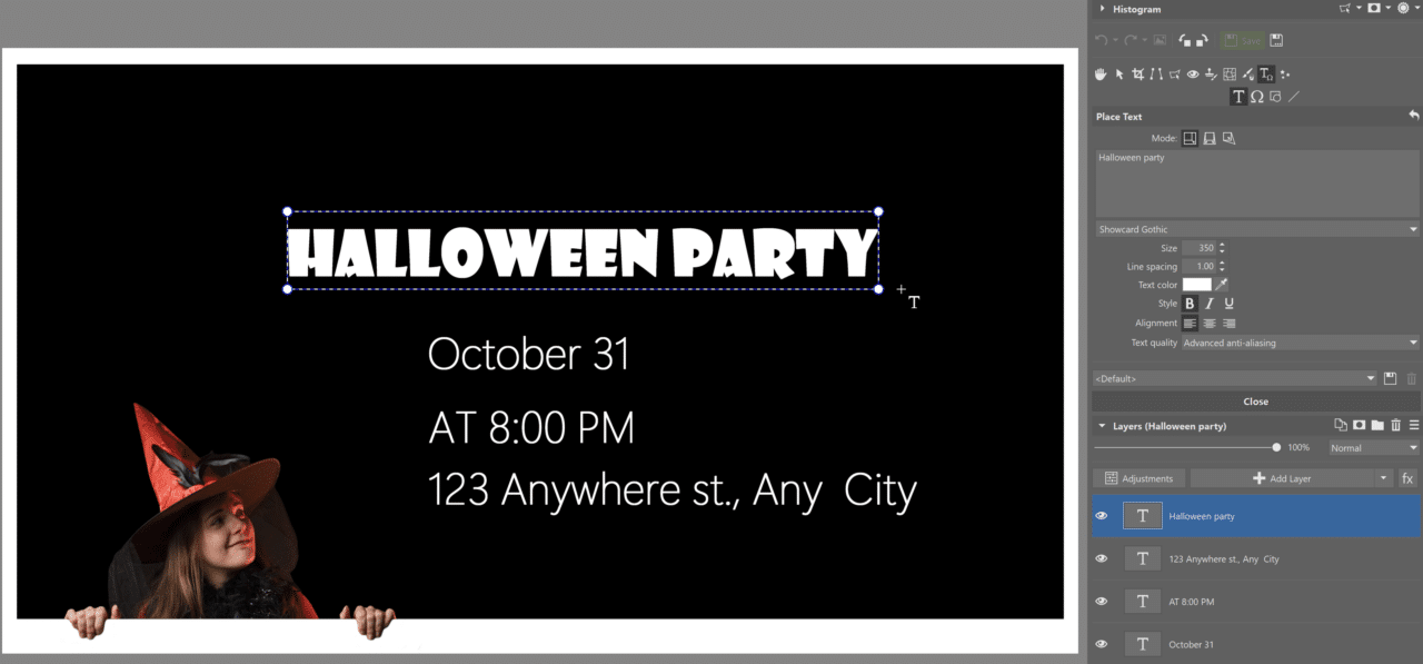 Design a Halloween Party Invitation or banner, text