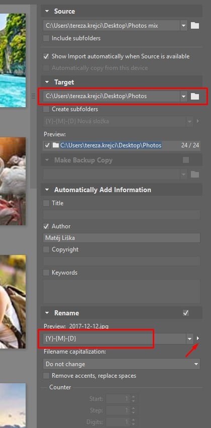 Importing Photos, rename